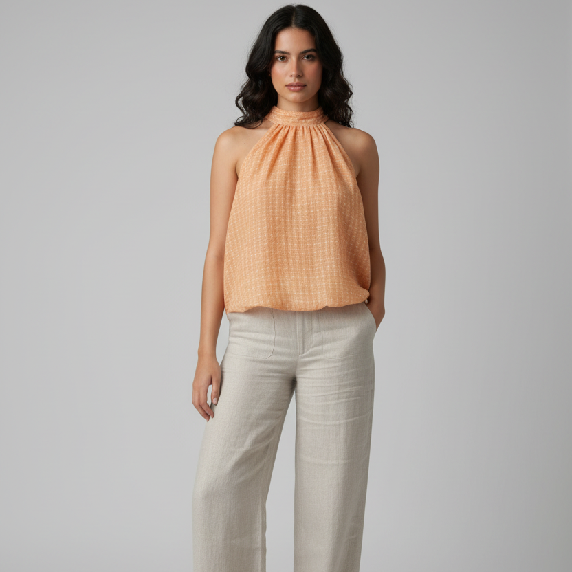Kesar cotton voile halter top in peach by Satrangee