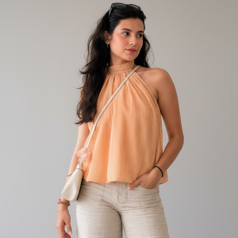 Kesar cotton voile halter top in peach by Satrangee