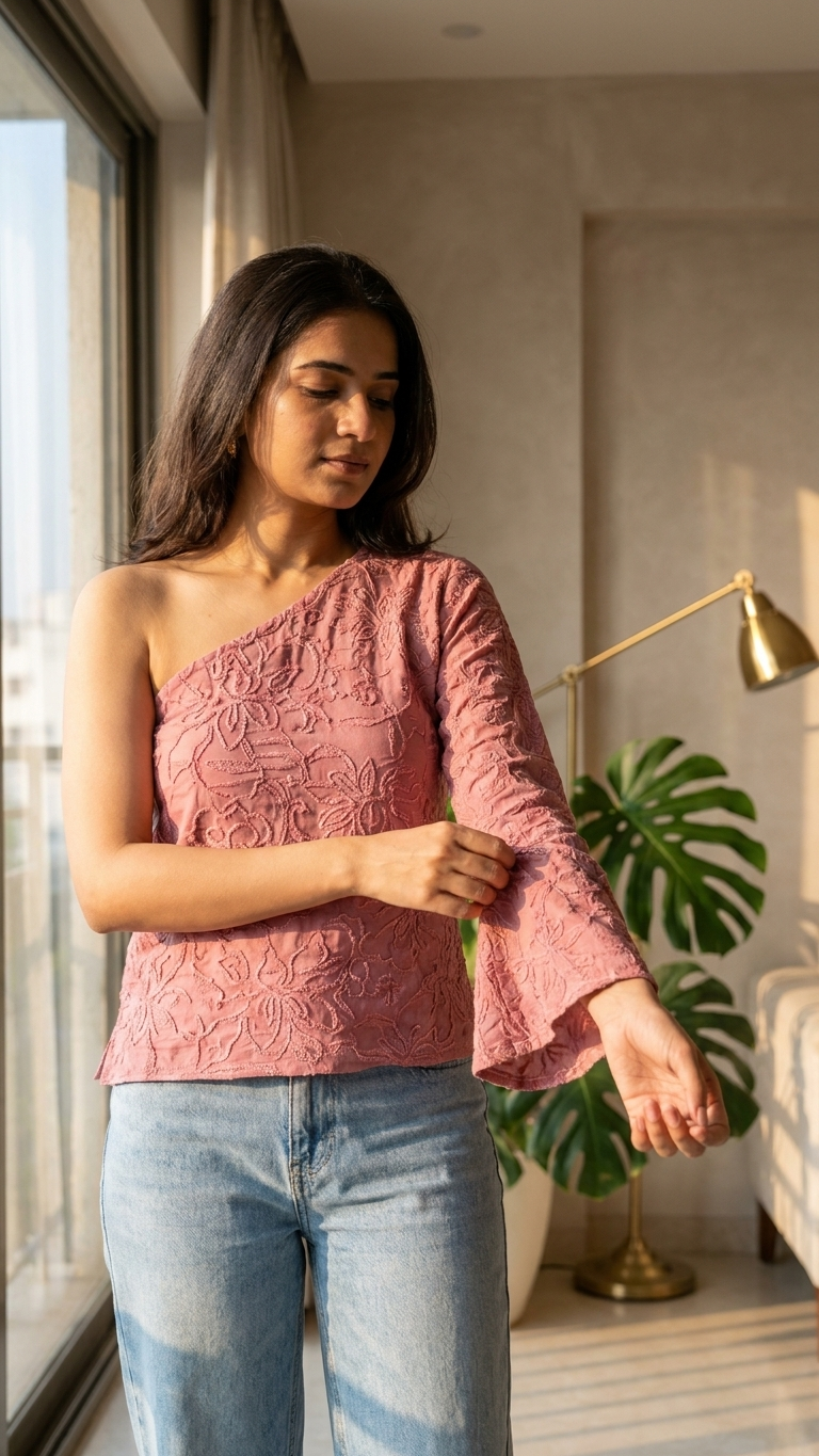 Gulaabi Doda Dori One Shoulder Top